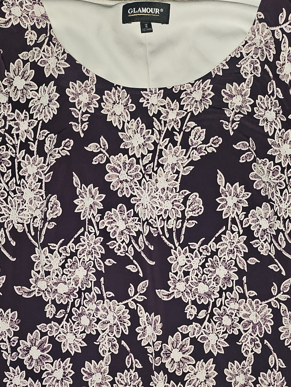 🟢 Glamorous Purple & White Floral Lace-Trim Bell Sleeve Midi Dress Large (12) - Picture 4 of 10